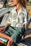 Italian White-Green Judge Collar Ethnic Patterned Cotton Loose Woven Blouse 70 60