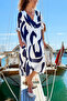 Italian White-Navy Blue V-Neck Geometric Patterned Muslin Casual Woven Dress with Pockets 110 65