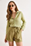 Women's Khaki Lyocell Pocketed Flowy Shorts with Elastic Waist at the Back Shrt-19000089