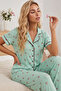 Green Tulip Patterned Bürümcük-Krınkıl Short Sleeve Buttoned Ribbed Pajama Set 7930