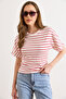 Women's Red Ecru Striped Batwing Basic T-Shirt Tsh-19000989 - 3