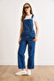 Women's Navy Blue Kangaroo Pocket Denim Salopet Slp-19000042 - 4