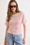 Women's Red Ecru Striped Batwing Basic T-Shirt Tsh-19000989 - 4
