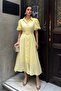 Women's Yellow Balloon Sleeve Belted Lined Brode Woven Dress