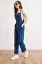 Women's Navy Blue Kangaroo Pocket Denim Salopet Slp-19000042 - 3