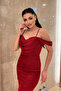 Glittery Fabric Degaje Collar Evening Dress - Red - 4