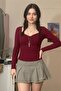 Plain Burgundy Heart Neck Y2K Long Sleeve Crop - 3