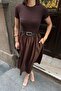Women's Brown Belted Poplin Skirt Dress - 4