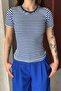 Women's Cobalt Blue White Chain Ribbed Knitted Blouse