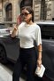 Women's Ecru Side Gathered Crew Neck Soft Blouse - 4