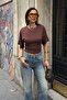 Women's Brown Side Gathered Crew Neck Soft Blouse