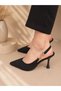 Black Detailed Buckle Pointed Heeled Shoes