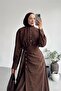 Women's Brown Gold Button Detailed Wrap Hijab Dress Nms091 - 3