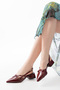 Burgundy Mary Jane Open-Back Pointed Toe Short Block Heeled Women's Shoes with Belt Detail