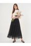 Women's Black Floral Lace Tulle Skirt - High Waist Belted Maxi Length Stylish Skirt - 3