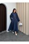Navy blue women's tencel fabric skirt with belt detail, flowy textured jacket and skirt set. - 7