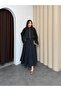 Black Women's Premium Tencel Fabric Skirt with Belt Detail and Flowy Textured Jacket Skirt Set - 7