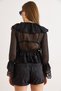 Women's Black Lace Detailed Lace-Up Closure Transparent Blouse Blz-19003336 - 6