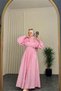 Women's Pink Belted Floral Detailed Premium Hijab Dress Nbvq4933 - 3