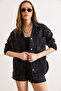Women's Black Oversize Denim Jacket with Bead and Stone Detailing Ckt-19000433 - 3