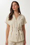 Belted Button Detailed Linen Top and Bottom Set Lby0055 Dark Cream - 3