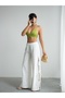 Crep Women's Side Tie Detailed Slit Wide Leg Pants – Relaxed Fit Cotton Linen Textured Ecru - 4
