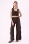 Crep Women's Side Tie Detailed Slit Wide Leg Pants – Relaxed Fit Cotton Linen Textured Brown