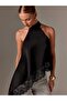 Special Design Asymmetrical Cut Lace Satin Fabric Backless Blouse - 3
