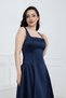 Waist-Cinched Midi Satin Dress - Dark Blue - 3