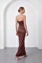 Women's Brown Slim Fit Strapless Collar Draped Waist Satin Evening Dress - 6