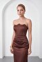 Women's Brown Slim Fit Strapless Collar Draped Waist Satin Evening Dress - 2