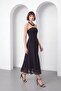Women's Black Strapless Collar Midi Event Dress - 2