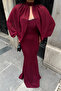 Women's Burgundy Strapless Cape Stone Detailed Long Formal Dress - 5