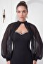 Women's Black Strapless Cape Stone Detailed Long Formal Dress - 3
