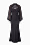 Women's Black Strapless Cape Stone Detailed Long Formal Dress - 7