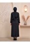 Women's Black Double Ruffle Textured Stretchy Fabric Long Hijab Dress with Gold Buckle Belt - 3