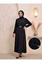 Women's Black Double Ruffle Textured Stretchy Fabric Long Hijab Dress with Gold Buckle Belt