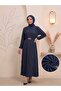Women's Navy Blue Double Ruffle Textured Stretchy Fabric Long Hijab Dress with Gold Buckle Belt