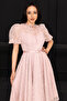 Balloon Sleeve Midi Lace Dress - Pudra - 4