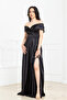 Boat Neck Long Satin Evening Dress - Black - 5