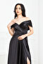 Boat Neck Long Satin Evening Dress - Black - 2