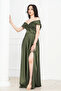 Boat Neck Long Satin Evening Dress - Khaki Green - 5