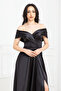 Boat Neck Long Satin Evening Dress - Black - 4