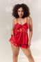Women's Red Plus Size Lace Satin Shorts Pajama Set - 2