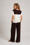 Women's Coffee White Draped Collar Garni Piece Tie Detail Trousers T-Shirt Set - 6