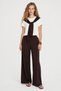Women's Coffee White Draped Collar Garni Piece Tie Detail Trousers T-Shirt Set - 9