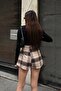 Women's Beige Plaid Patterned Mini Skirt with Belt Detail - 5