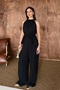 Women's Black Blouse with Tie Detail and Linen Textured Pants Set - 2