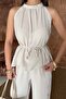Women's Stone Beading Detailed Blouse and Trousers Linen Textured Top and Bottom Set - 5