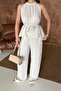 Women's Stone Beading Detailed Blouse and Trousers Linen Textured Top and Bottom Set - 4